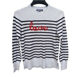 Marled Navy and White Striped "Love" Sweater